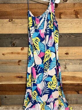 Goa Beachwear by Japna Tropical Leaf Print Maxi Dress in Navy, Yellow & Pink